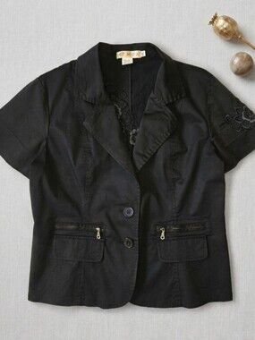 MOA USA VTG 90's Y2K Black Short Sleeve Blazer Jacket Floral Embroidery XL
